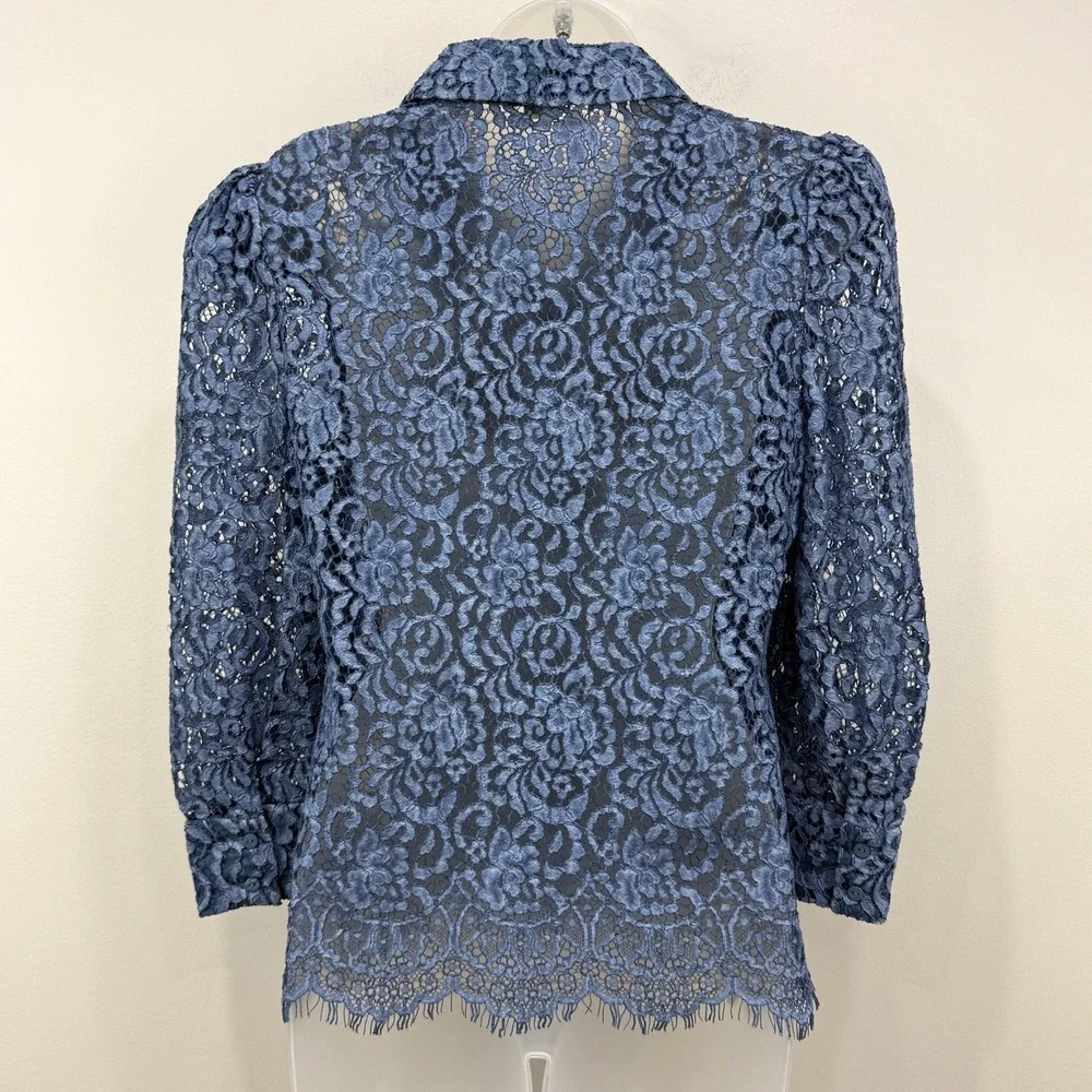 L'Agence Andrea Lace Button Front Blouse S Blue Sheer Feminine Dainty